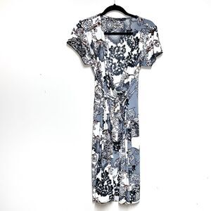 Suzy Shier Floral V Neck True Wrap Midi Dress Womens Sz L